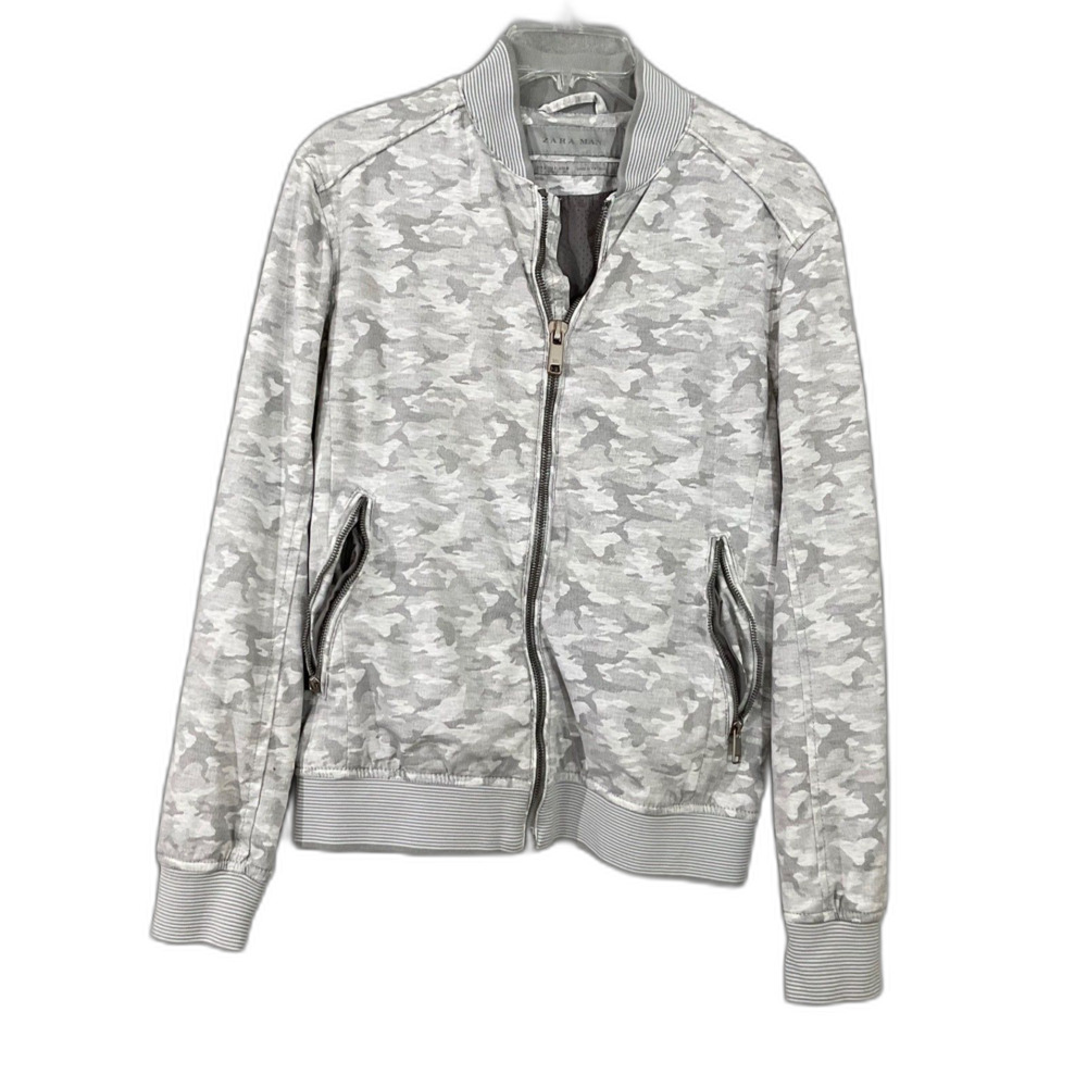 Zara Man Camo Bomber Jacket Lightweight Full Zip Pockets Casual Mens S Gray